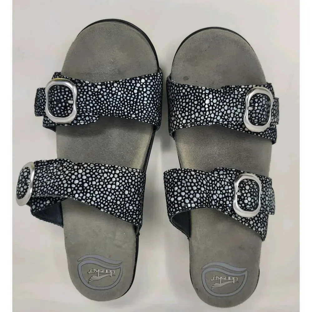 Dansko Sandals EU38‎ US8 Black Shagreen Sophie Leather Slides Heeled Slip On